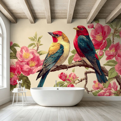 Peler et coller le papier peint mural, paire colorée d'oiseaux perchés, branche de fleurs rouges, pivoines roses et rouges, auto-adhésif et amovible