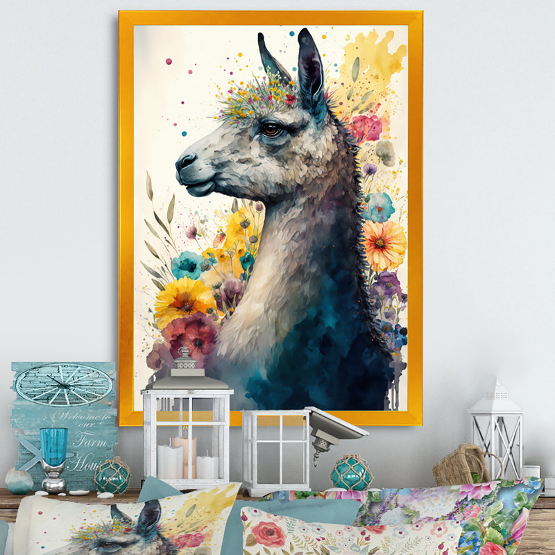 «Cute Llama Floral Art II», peinture sur toile, H 32 po x l 24 po x P 1 po, Impression dorée sur toile encadrée