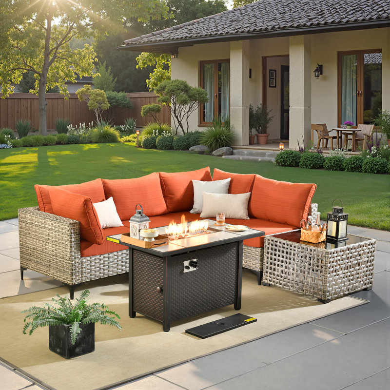 Ensemble de conversation modulaire en osier / rotin pour 4 personnes avec table basse lumineuse Emroy, ensemble de conversation modulaire pour l'extérieur avec coussins
