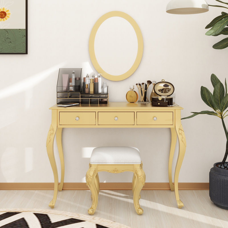 Luxury Makeup Vanity Desk With Oval Mirror, 3-Drawer Dressing Table For Jewelry Storage, Elegant Console Table For Entryway, Living Room & Bedroom, Stylish Home Decor