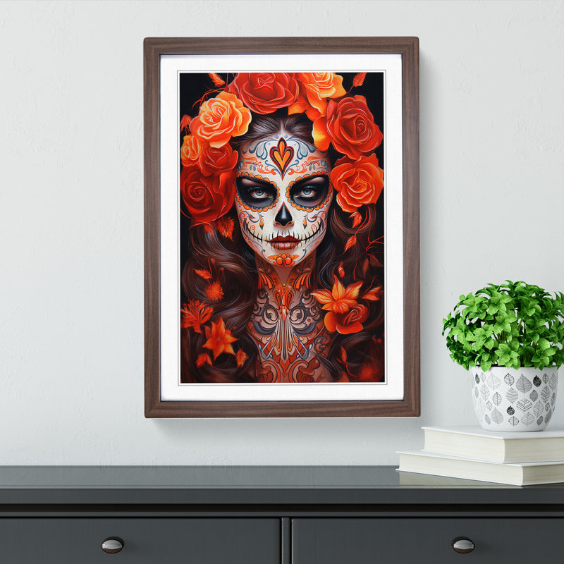 Sugar Skull Art Deco No.2 1 Piece Single Picture Frame Wall Art, 64cm H x 46cm W x 2cm D, Walnut