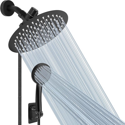 Pomme de douche avec tuyau, douche à effet pluie en acier inoxydable haute pression de 8 po et douchette à 5 réglages avec contrôle de débit à bouton-poussoir pour une utilisation facile (noir mat)