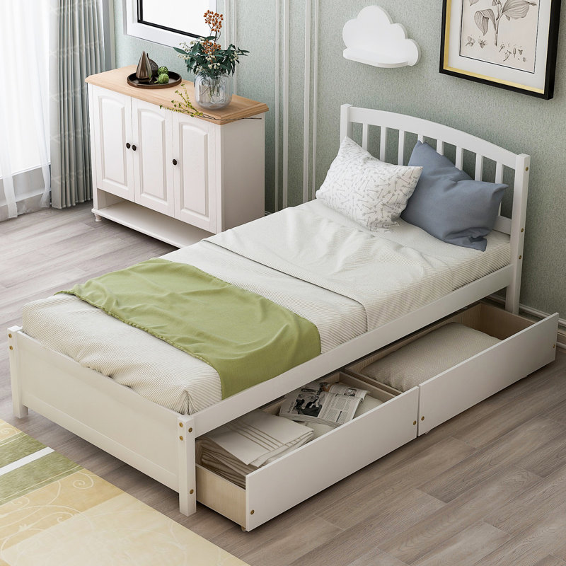 Base de lit en bois avec deux tiroirs et tête de lit Riebe, Blanc