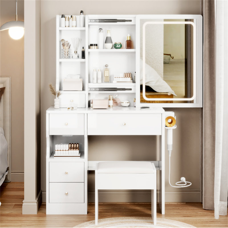 Small Space Left Drawer Desktop Vanity Table + Cushioned Stool, 2 AC+2 USB Power Station, White 1