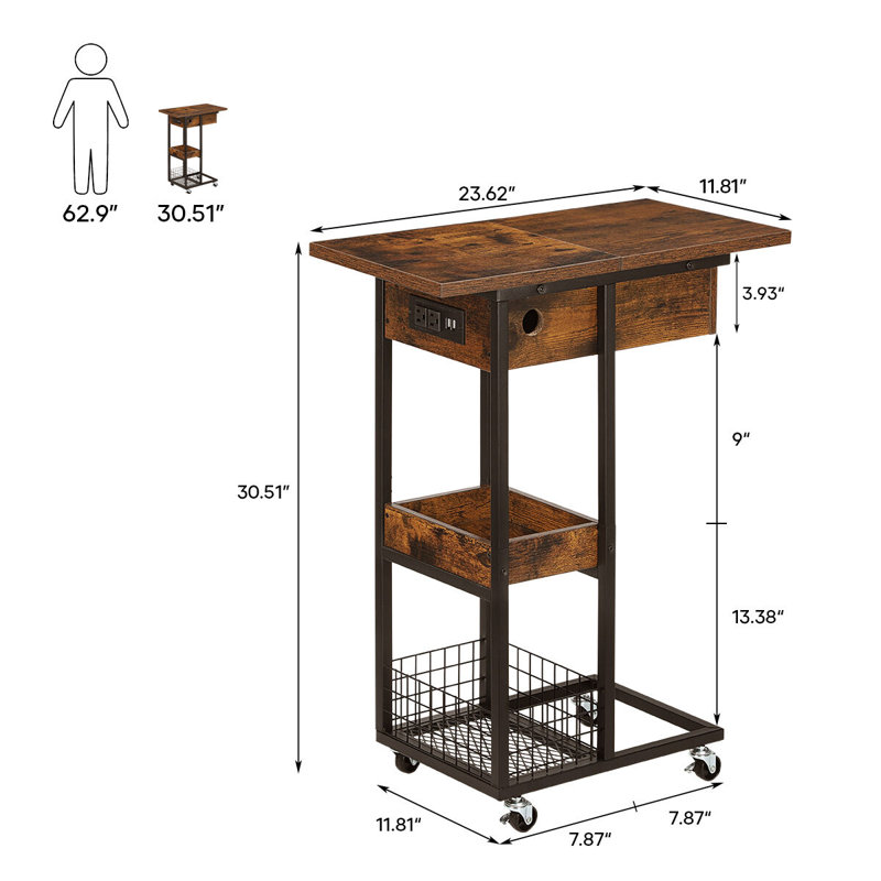 Table de bout rustique en forme de C brun avec station de charge et rangement