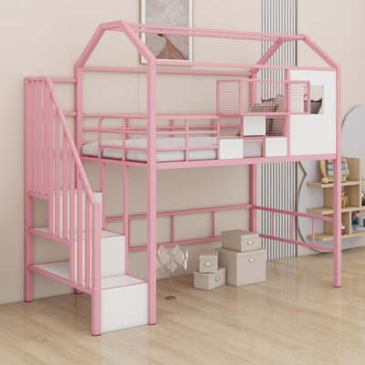 Lit mezzanine en métal avec toit et boîte de rangement