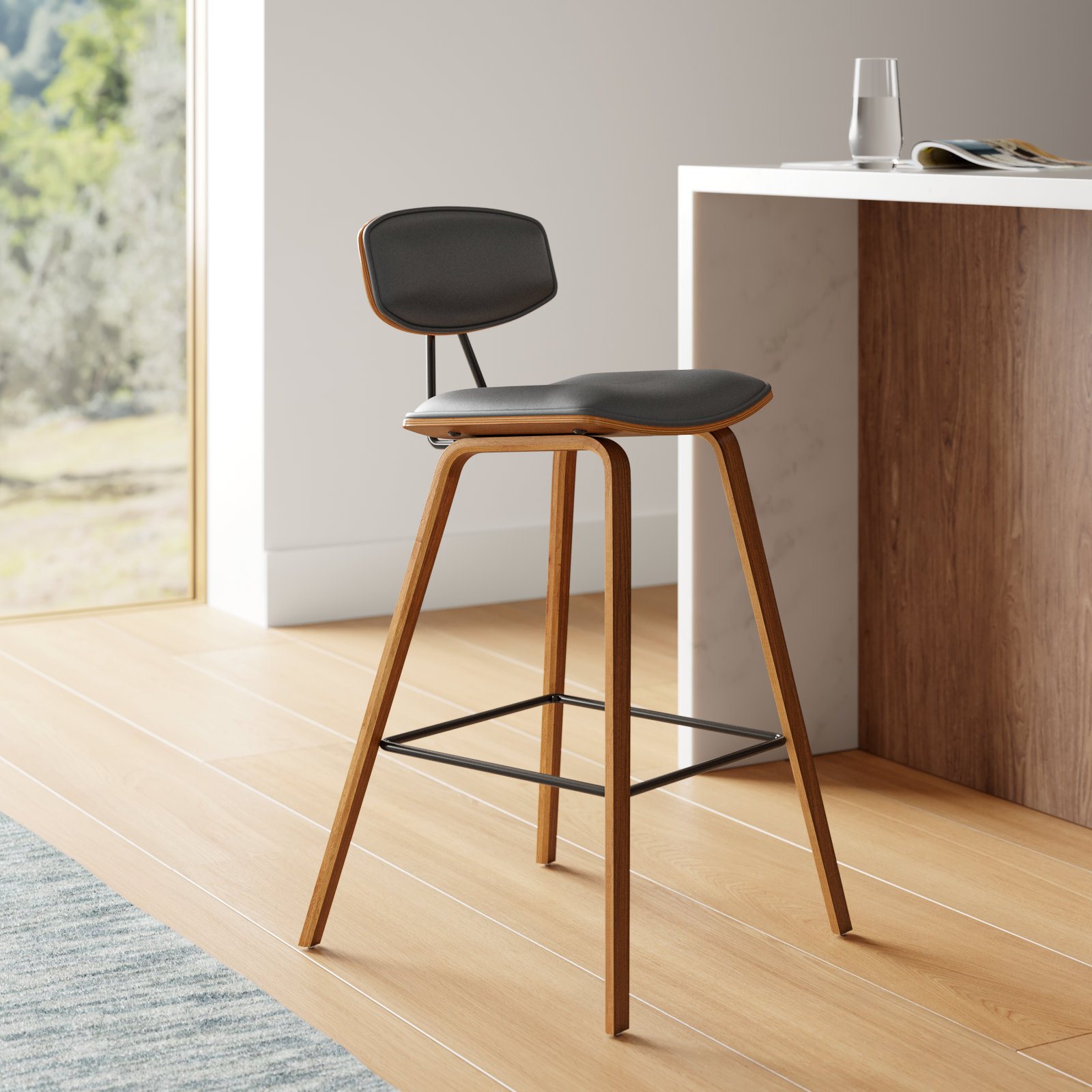 Bilgin 29" Bar Stool, Counter Stool (26" Seat Height), Gray Faux Leather, Walnut