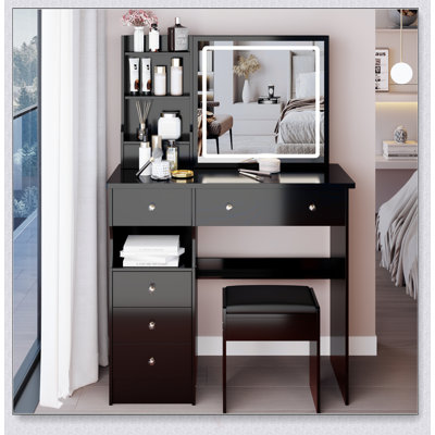 Table de coiffeuse de 37 pouces avec miroir à DEL tactile, rangement grande capacité et tabouret rembourré pour les grands espaces