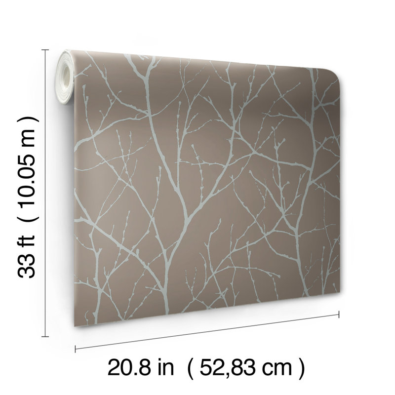 Trees Silhouette Floral Metallic Wallpaper Roll, Brown/Silver