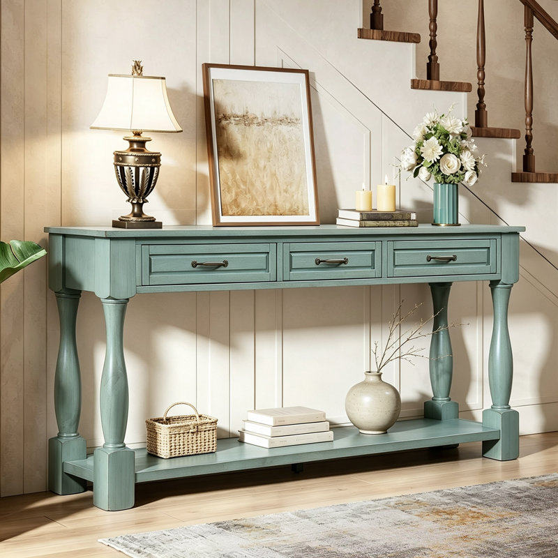 Console de 63 pouces avec 3 tiroirs et tablette inférieure ouverte pour le salon du couloir, Bleu rétro