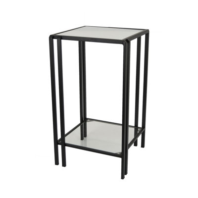 Buckley Plant Stand Table, Black Metal, Square Mirrored Top, by Benjara