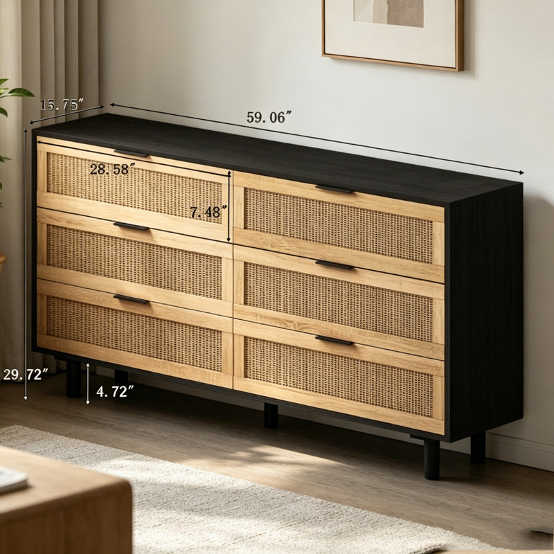 Armoire de rangement en rotin 6 tiroirs, Black