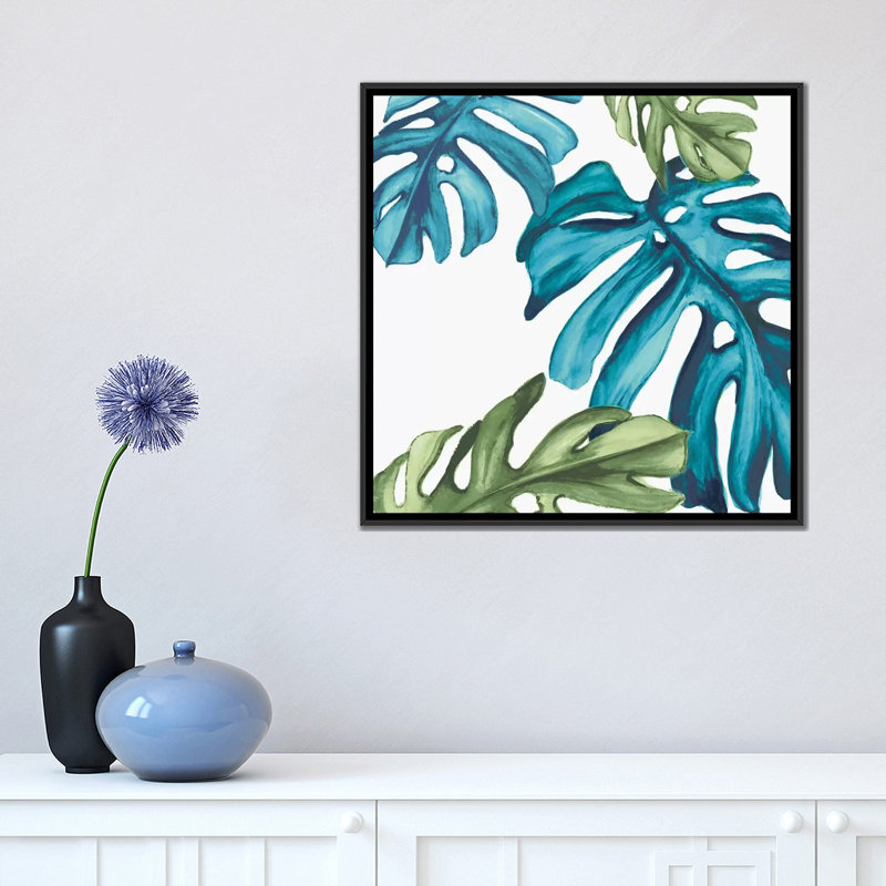 «Palm Leaves I», reproduction sur toile, H 18 po x l 18 po x P 1,5 po, Toile avec cadre noir, Pas de tapis