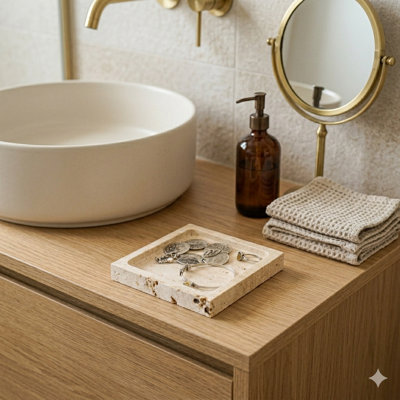Plateau de coiffeuse et de bijoux en travertin naturel - Chariot décoratif pour parfum, anneaux et clés, cadeau idéal