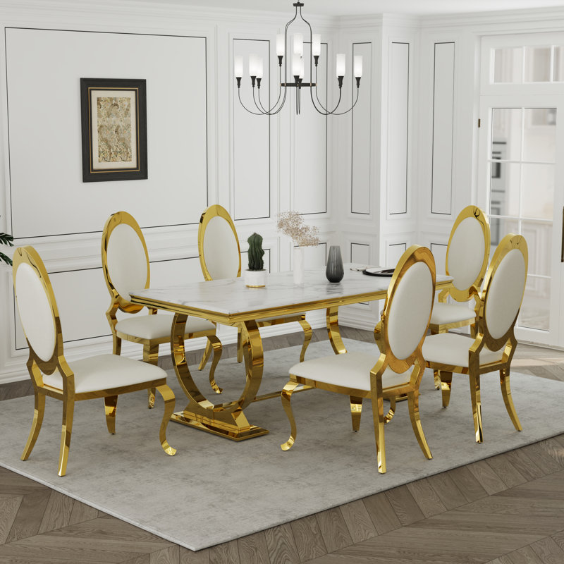 7 Piece Luxury White And Gold Dining Table Set With 6 White Leather Dining Chairs, White, White, White/Gold