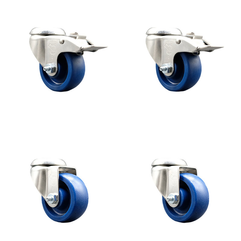 Solid Polyurethane Swivel Bolt Hole Caster Set with 2 Lock Brake, 5" H x 5" W