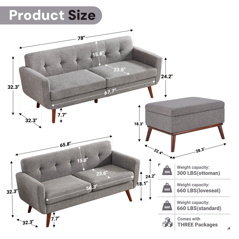 Ensemble de causeuse et canapé avec repose-pieds, ensemble de salon rembourré capitonné 3 pièces, Gris