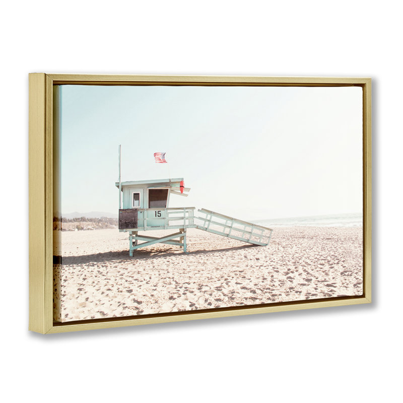 Cadre flottant Lifeguard Hut Sunny Day, design par Sissi et Seb, H 21 po x l 31 po, Cadre flottant métallique doré