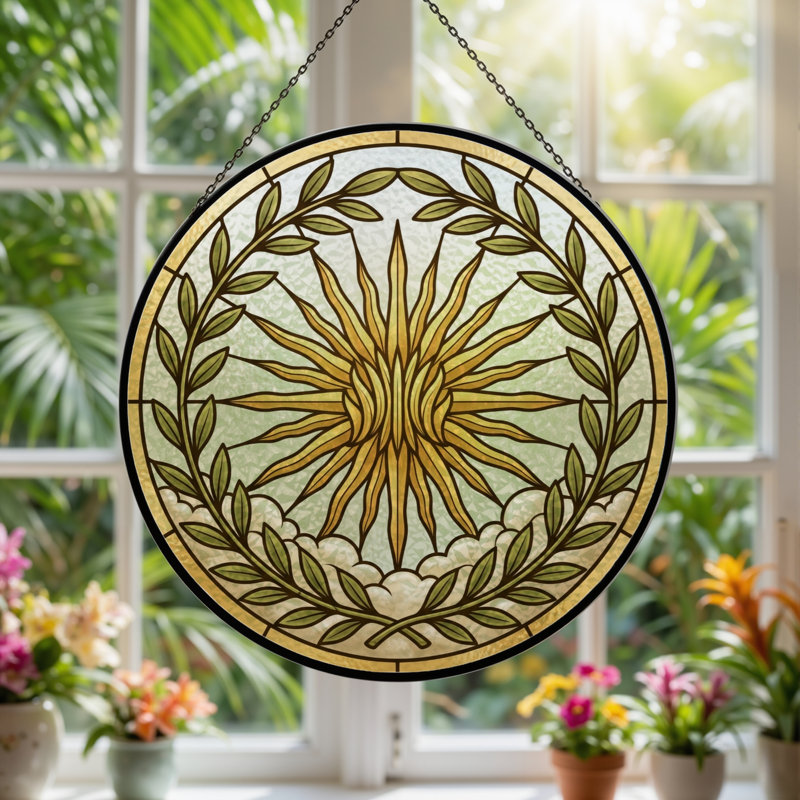 Panneau de vitrail Sun Wreath, 7,8 heures, 7.8"H
