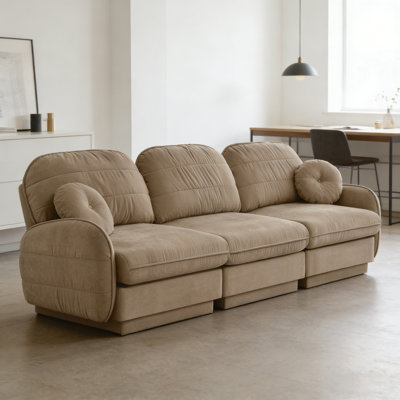 105" 3-Seater Chenille Cloud Sofa With Quilted Back & Round Pillows, Deep Seat Couch For Living Room, Light Coffee