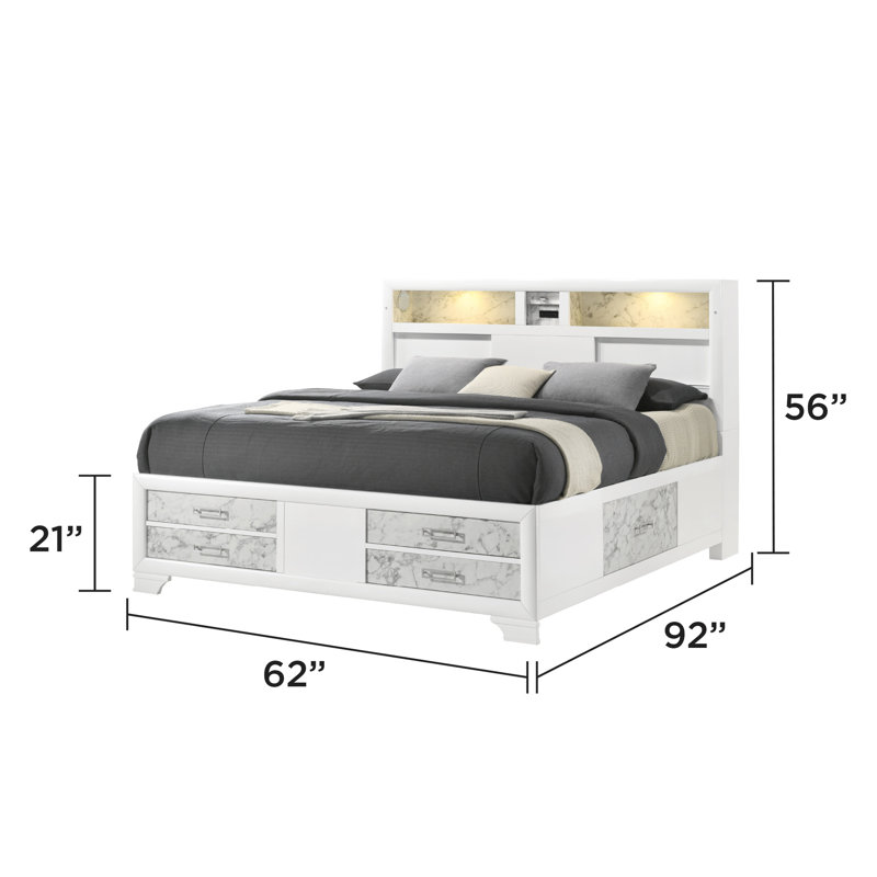 Grand lit en bois blanc de style moderne avec panneaux en marbre, éclairage de tête de lit, tiroirs de rangement et de rangement en bois d'aspect bois, avec tiroirs, audio pour la chambre à coucher