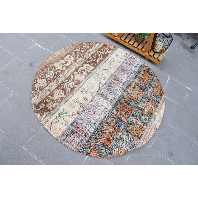 Tapis turc rond fait à la main Vintage Oushak - Tapis décoratif antique pour le salon