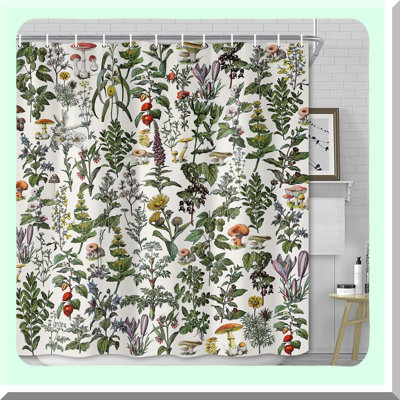 Vintage Botanical Herb & Mushroom Shower Curtain - Sage Green Leaf & Ferns, Boho Retro Wildflower Bathroom Decor, Neutral Farmhouse Bath Set