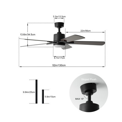 Ventilateur de plafond de 52 pouces avec lumière, ventilateur de plafond noir moderne à 5 pales avec télécommande et contrôle APP, moteur à courant continu réversible, lumière DEL à 3 couleurs, noir avec pales à grain de bois clair