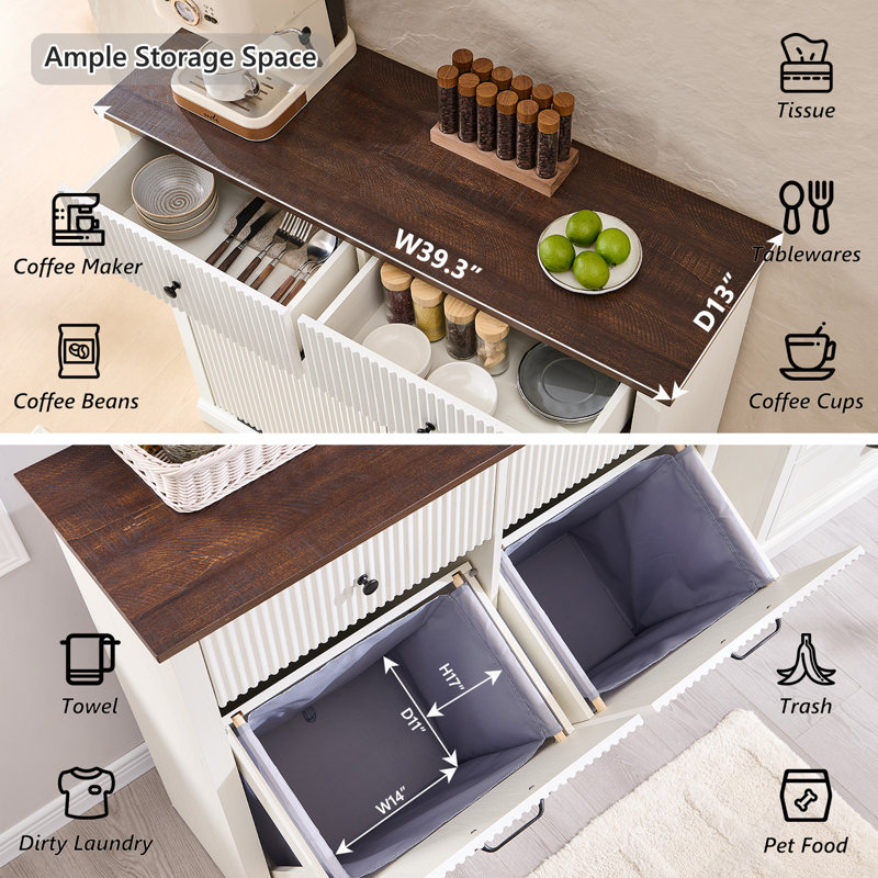 Armoire à paniers à linge avec tiroirs, panier à linge cannelé pour salle de bain Modern, Blanc, Double Door