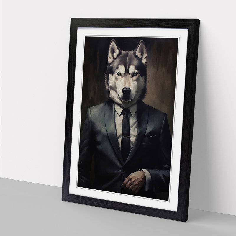 Husky In A Suit Painting No.3 - Single Picture Frame Print on Wood, 46cm H x 34cm W x 2cm D, Black Framed
