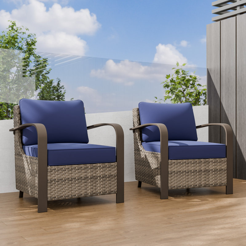 Chaise de patio d'extérieur en osier avec coussins (ensemble de 2), Bleu