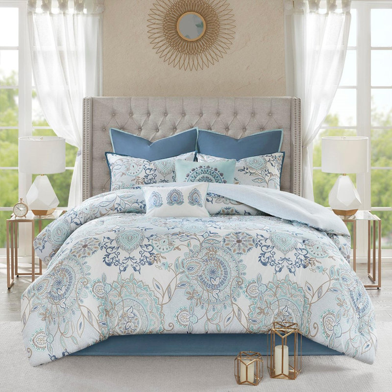 Ensemble d'édredon en coton 8 pièces, Bleu, Édredon très grand californien et 7 pièces supp