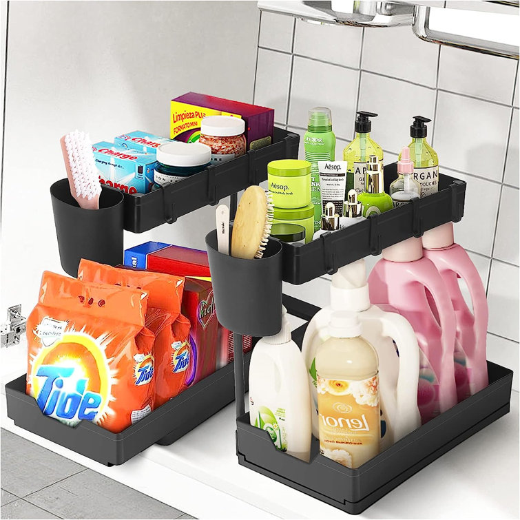 Storagebud 2 Tier Under Kitchen Sink Organizer with Sliding Drawer-Bathroom Cabinet Organizer with Utility Hooks and Side Caddy - 2 Pack - Black