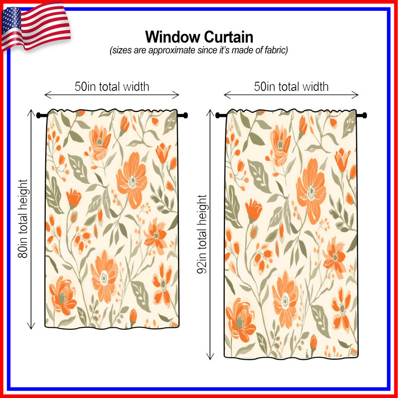 Rideaux orange à motif floral, voilages et voilages à motif floral - 1 panneau, 50" x 80" - 1 Panel, Sheer