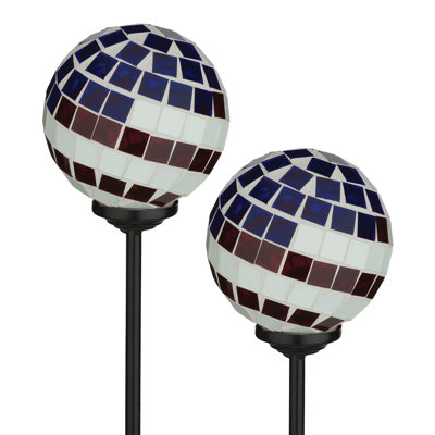 24 Inch Americana Metal and Glass with Solar Panel Mosaic Solar Garden Stake Set of Two - Flag