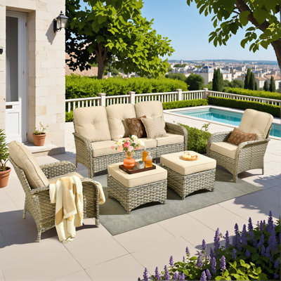 Ensemble de mobilier de patio pour 7 personnes, ensemble de conversation à haut dossier en osier avec coussins pour l'extérieur, ensemble de conversation pour canapé toutes saisons
