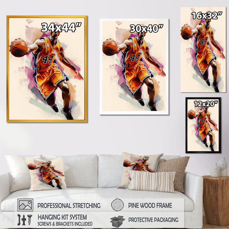 Dessin d'un joueur de basketball en action sur toile, H 40 po x l 30 po x P 1,5 po