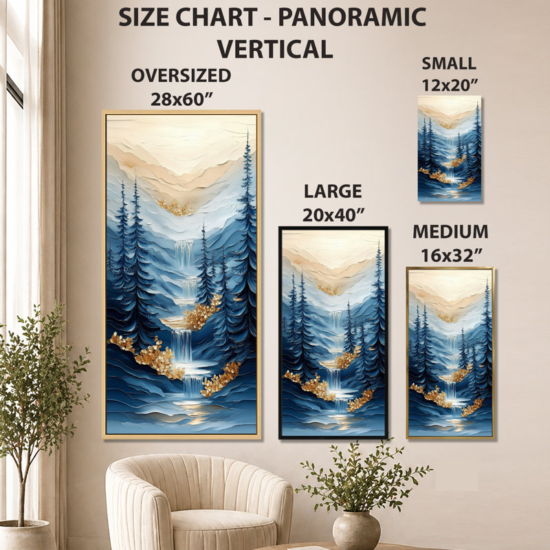 Bleu, bleu, bleu et or Cascade Valley I - Cascade, décoration murale, impressions encadrées par la nature, H 32 po x l 16 po
