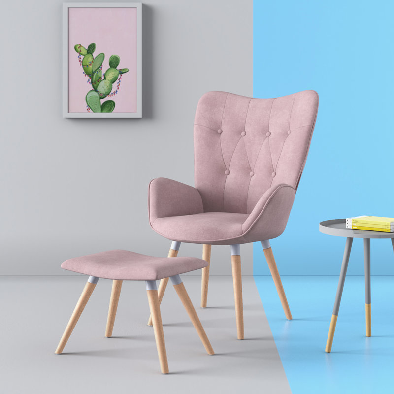 Acantha Velvet Accent Chair with Footstool, Pink