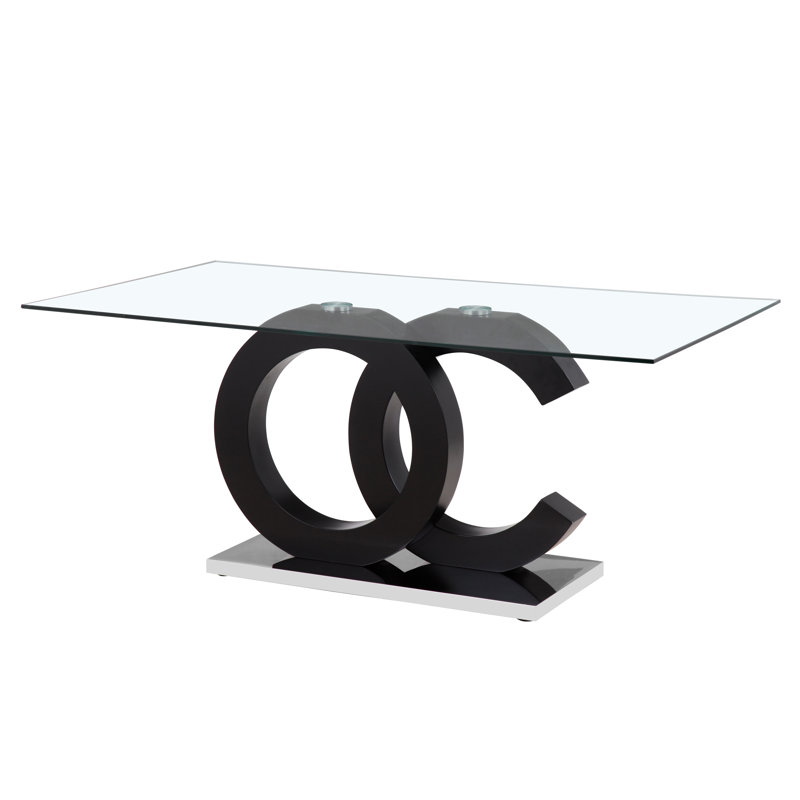 Contemporary Matte Black and Stainless Steel Dining Table with Glass Top