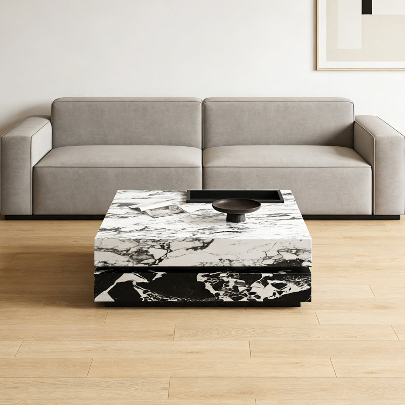 Table basse carrée sur pied avec plateau, H 13,77 po x L 35,43 po x l 35,43 po, Noir, White/Black