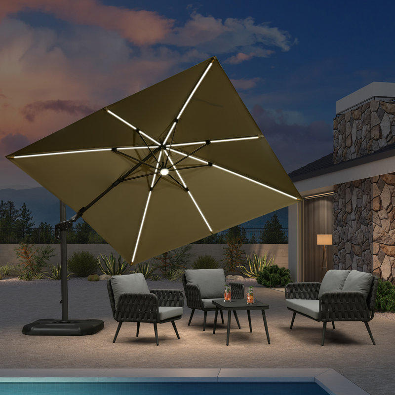Parasol pivotant carré en porte-à-faux 10 'avec éclairage à énergie solaire et base DEL 10', Beige