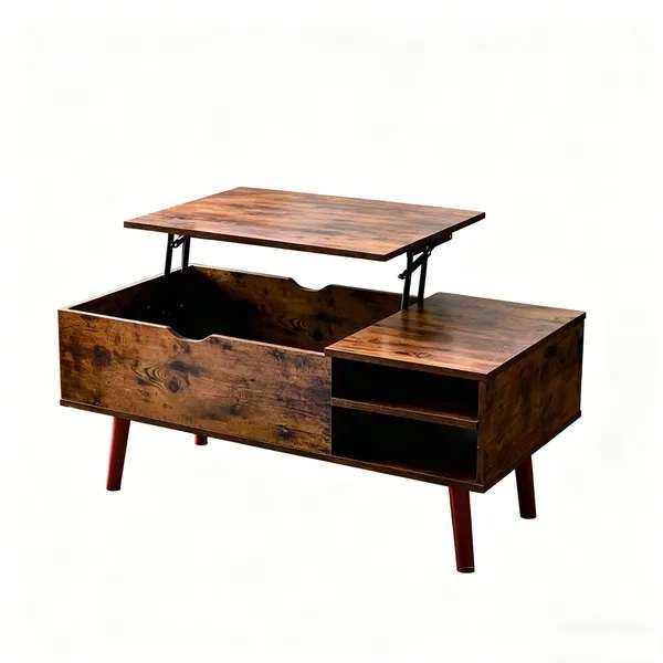 Table basse multifonctionnelle à plateau relevable avec compartiment caché et 2 casiers, mécanisme de levage robuste, tables centrales en bois brun avec rangement, hauteur réglable, style contemporain