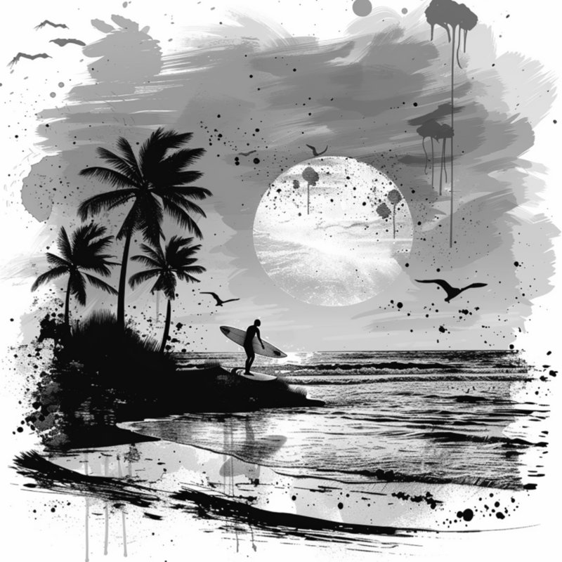 Coussins Surfer On Beach, 14 x 14 inches, Noir / gris clair