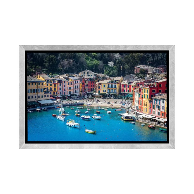 Portofino par Marco Carmassi - publicité imprimée, H 40 po x l 60 po x 1,5 po, Toile encadrée argentée