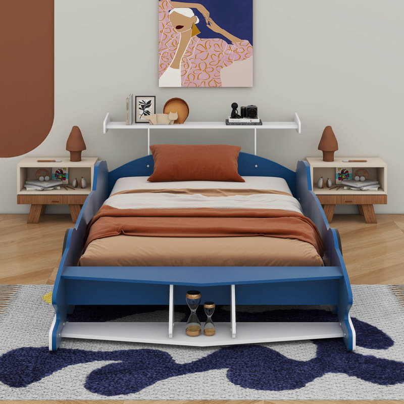 Race Car-Shaped Platform Bed With Wheels, Blue, Full / Double