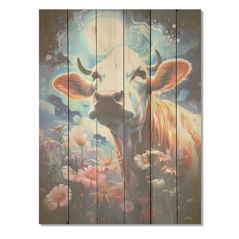 Vache fantastique dans un paysage enchanté I - Vache, art mural sur bois de pin naturel, H 20 po x l 10 po