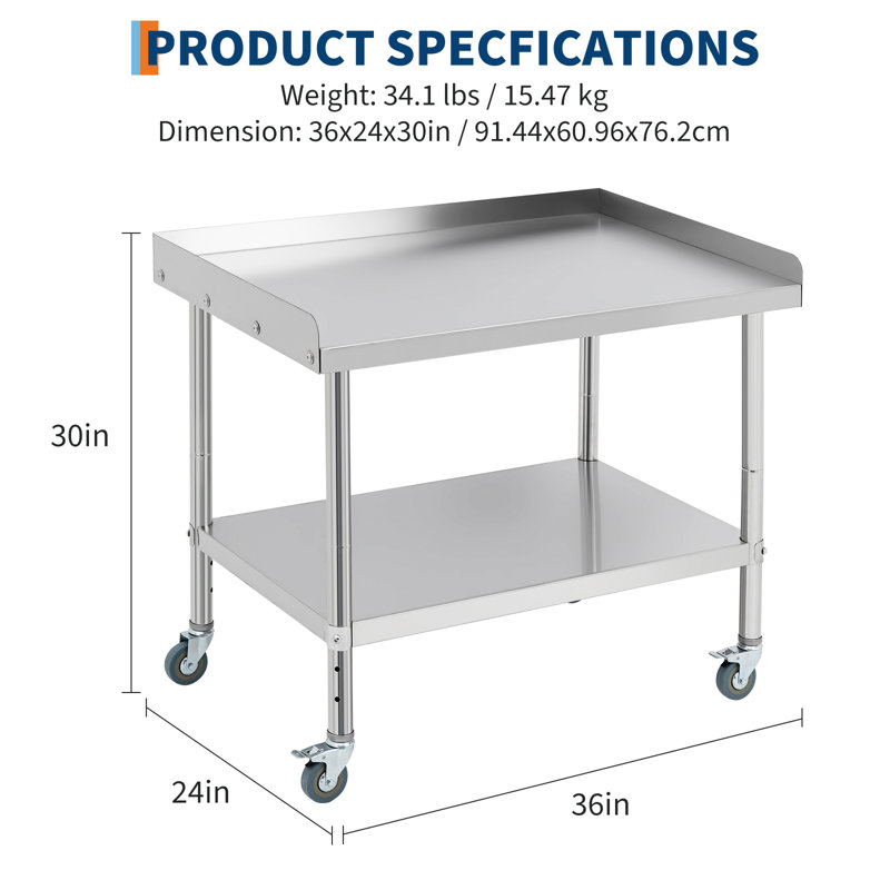 Table de préparation mobile en acier inoxydable avec dosseret détachable à 3 côtés, 4 roulettes verrouillables, tablette inférieure réglable, charge de 441 lb, 36 po x 24 po x 30 po