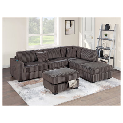 Canapé modulaire réversible en velours côtelé chocolat avec repose-pieds avec rangement USB