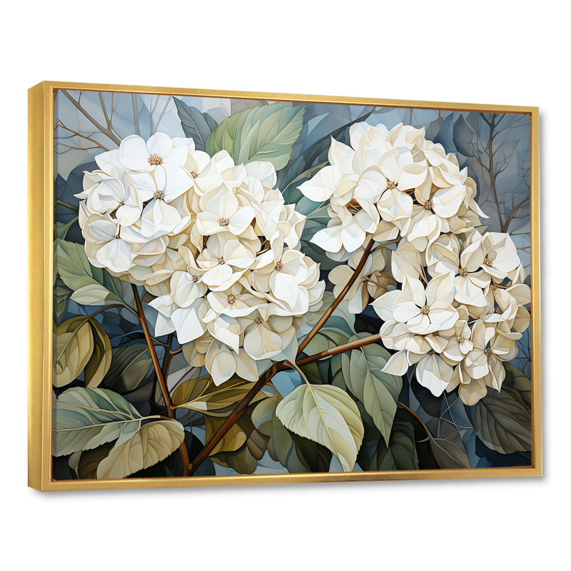 «Cubist Hydrangea L'interpretation» - art mural hortensia, H 30 po x l 40 po x P 1,5 po, Cadre flottant doré